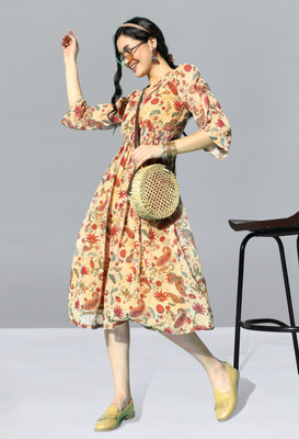 All Yours Women Gathered Multicolor Midi/Calf Length Dress