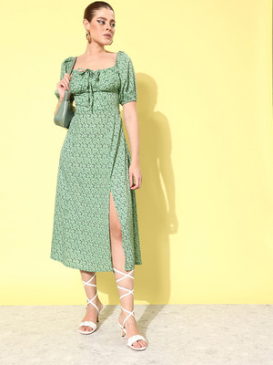 ANVI Be Yourself Women Fit and Flare Green Midi/Calf Length Dress