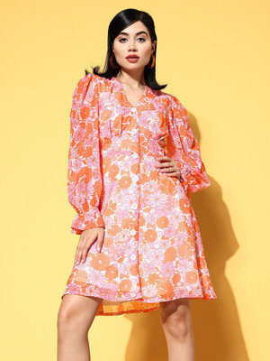 SASSAFRAS Women A-line Orange Above Knee/Mid Thigh Length Dress