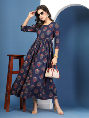 Anmi Women Fit and Flare Blue Maxi/Full Length Dress