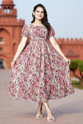 Bhadani Women Fit and Flare Pink Maxi/Full Length Dress