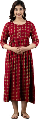 Nidhi Kraft Women Fit and Flare Maroon, Beige, Green Midi/Calf Length Dress