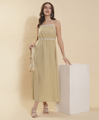 FashFun Women Fit and Flare Beige Midi/Calf Length Dress