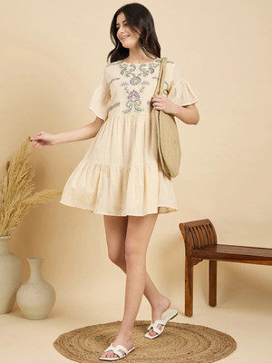 ZUMMER Women A-line Beige Above Knee/Mid Thigh Length Dress