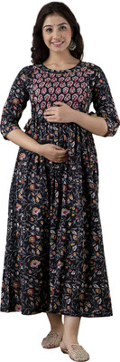 Pakija gold print Women Fit and Flare Black Midi/Calf Length Dress