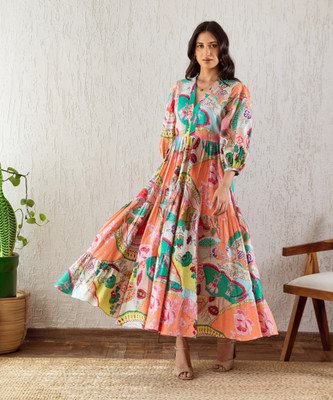 Leriya Fashion Women Empire Waist Multicolor Midi/Calf Length Dress
