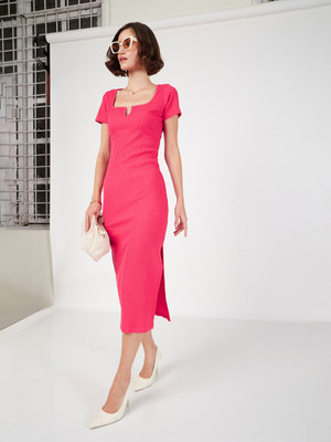 SASSAFRAS Women Bodycon Pink Midi/Calf Length Dress