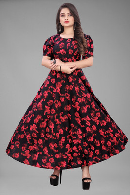 antra creation Women A-line Black, Red Maxi/Full Length Dress