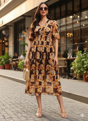 ROSEMELON Women A-line Brown, Yellow Midi/Calf Length Dress