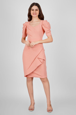 Wownoon Women Bodycon Beige Knee Length Dress