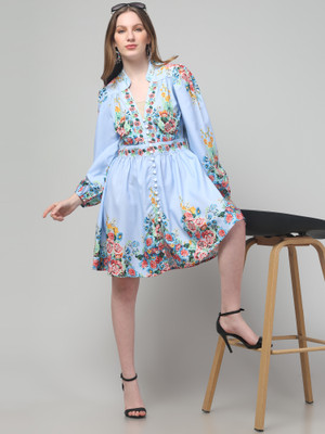 clobug Women Fit and Flare Light Blue Above Knee/Mid Thigh Length Dress