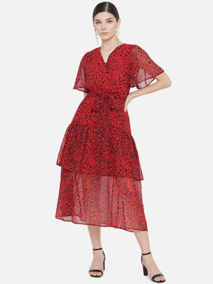 METRONAUT Women Fit and Flare Red Midi/Calf Length Dress