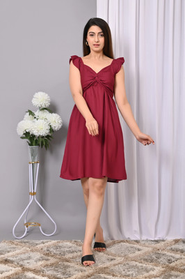 IQRAAR Women Fit and Flare Maroon Above Knee/Mid Thigh Length Dress