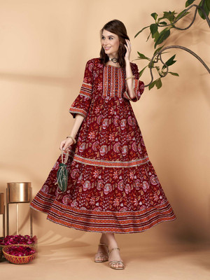 ANOUK Women Ethnic Dress Maroon Maxi/Full Length Dress