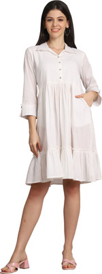 Wonder Weave Women A-line White Knee Length Dress