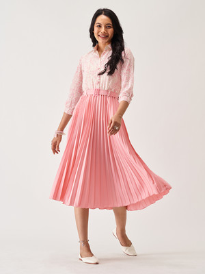 AASK Women Pleated Pink Midi/Calf Length Dress