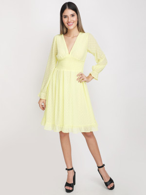 Jakanary Women Fit and Flare Yellow Knee Length Dress