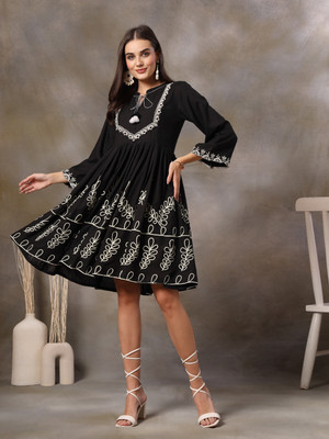 Stylum Women Fit and Flare Black Knee Length Dress