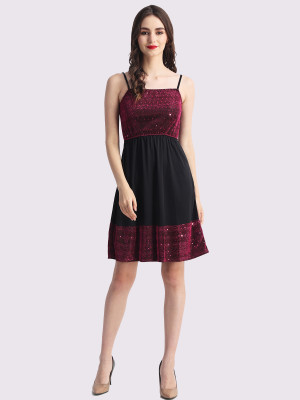Finian Women Fit and Flare Black, Pink Knee Length Dress