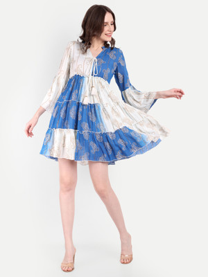 METRONAUT Women Tiered Blue Above Knee/Mid Thigh Length Dress