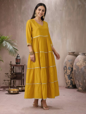 Globus Women Fit and Flare Yellow Maxi/Full Length Dress