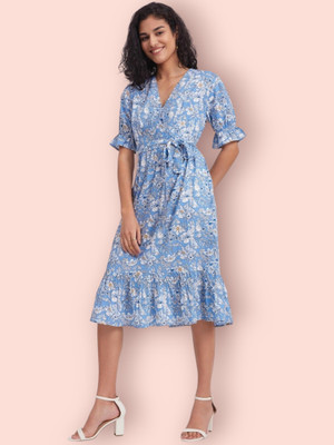 KAUTAQII Women Ethnic Dress Blue, White Midi/Calf Length Dress