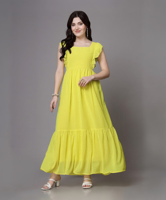 AAYU Women Fit and Flare Yellow Midi/Calf Length Dress