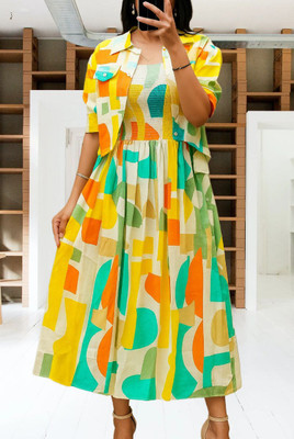 Avnienterprisea Women Fit and Flare Yellow Midi/Calf Length Dress