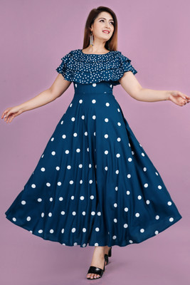 Anmi Women Fit and Flare White, Dark Blue Maxi/Full Length Dress
