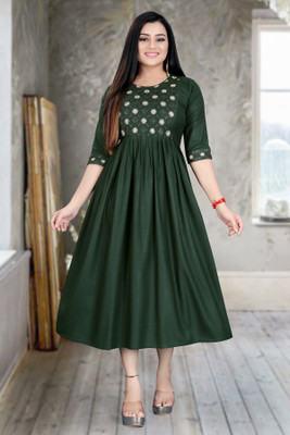 ShopGlobal Women A-line Green Knee Length Dress