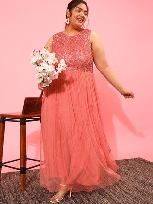 CURVY STREET Women Fit and Flare Pink Maxi/Full Length Dress