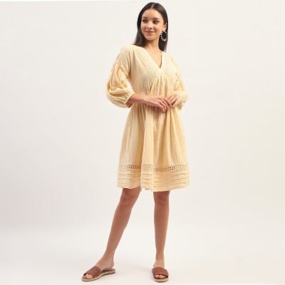 MADAME Women Fit and Flare Beige Dress