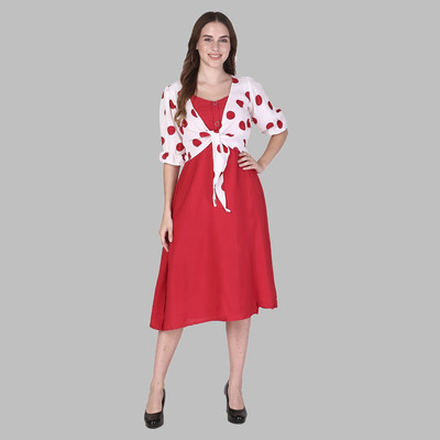 LUSH&LOOM LIFESTYLE Women A-line Red, White Midi/Calf Length Dress
