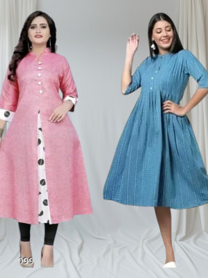 Texpamz Women Striped, Printed Anarkali Kurta(Pink, Light Blue)