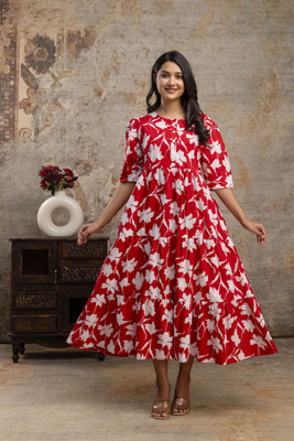 phoolkesa Women A-line Red Midi/Calf Length Dress