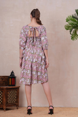 Jyoti Women Fit and Flare Pink Below Knee Dress