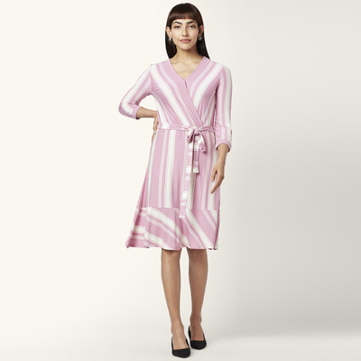 Annabelle by Pantaloons Women Fit and Flare Pink, White Knee Length Dress