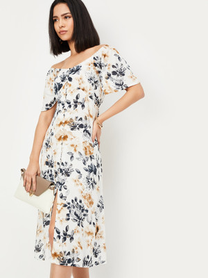 MAX Women A-line Beige Midi/Calf Length Dress