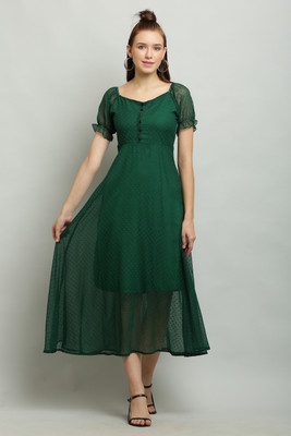 MYLOOKUP Women Fit and Flare Dark Green Midi/Calf Length Dress