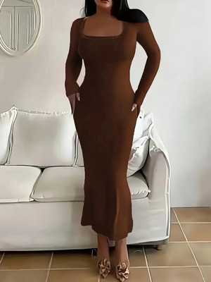 QUINTESSENTIALS Women Bodycon Brown Maxi/Full Length Dress