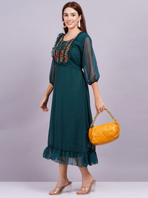 Highlight fashion export Women Fit and Flare Green Midi/Calf Length Dress