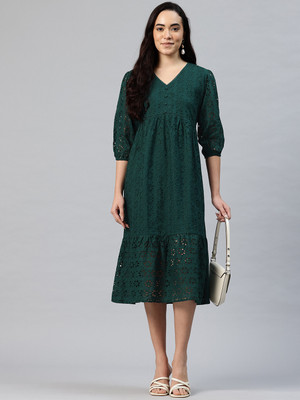 swi stylish Women A-line Dark Green Knee Length Dress