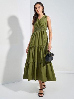 Jash Creation Women Fit and Flare Light Green Maxi/Full Length Dress