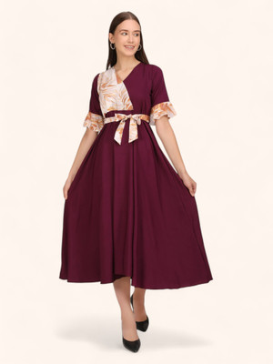 AQSA Women A-line Maroon Midi/Calf Length Dress