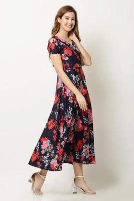 O Madam Women Fit and Flare Black Ankle Length Dress