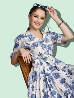 HouseOfCommon Women Fit and Flare White Below Knee Dress