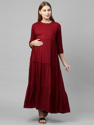 MomToBe Women Fit and Flare Maroon Ankle Length Dress