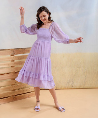 The Indian Garage Co. -Freehand Women Tiered Purple Midi/Calf Length Dress