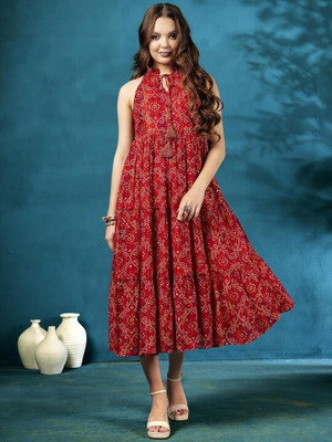 ANOUK Women Fit and Flare Red Midi/Calf Length Dress