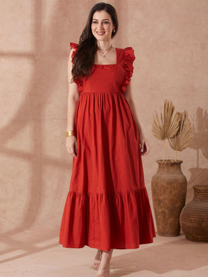 Globus Women Fit and Flare Red Maxi/Full Length Dress